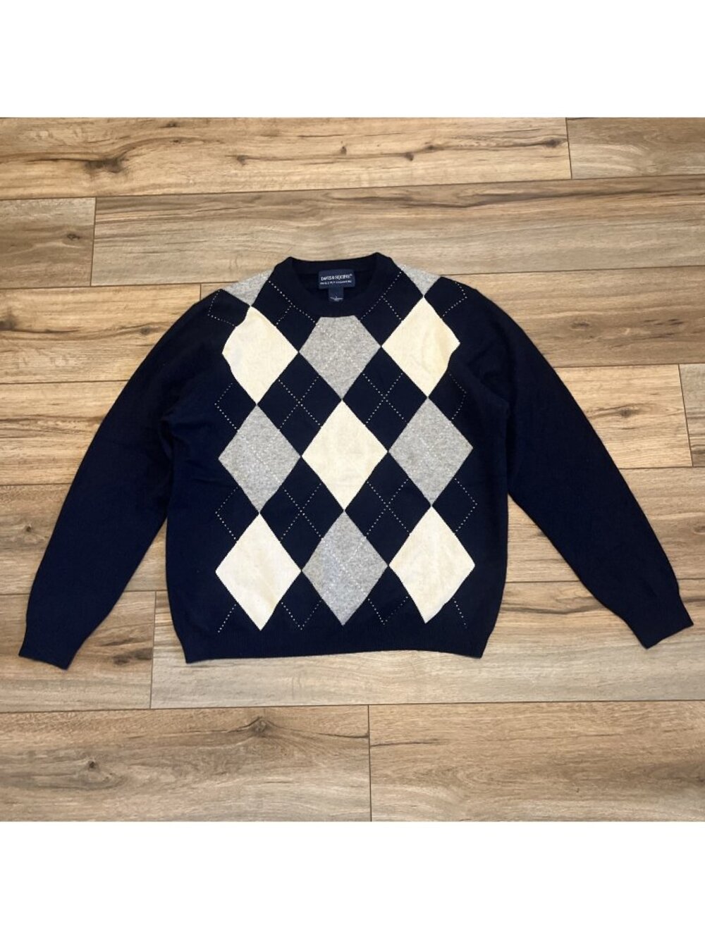 Davis & Squire Argyle Diamond Sweater SZ Large 100% 2 Ply Cashmere Navy Gray